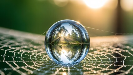 Water droplet reflecting a mountain landscape on a spiderweb in sunlight