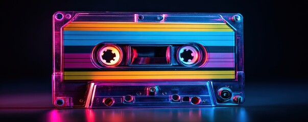 A vibrant, illuminated cassette tape with colorful stripes, showcasing a retro aesthetic and nostalgic vibe against a dark background.
