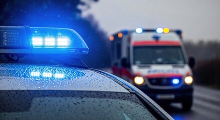 Emergency police and ambulance vehicles coordinating a rapid response on a rainy road with flashing lights highlighting urgency.