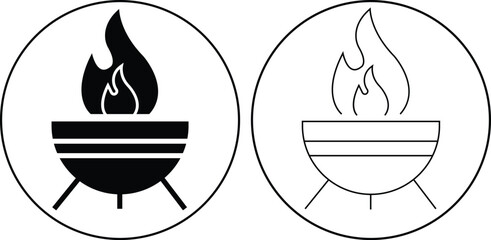 Outdoor fire pit icons set flat, outline styles. Graphic illustration depicting burning wood flame campfire barbecue BBQ grill minimalist silhouette design elements isolated on transparent background.