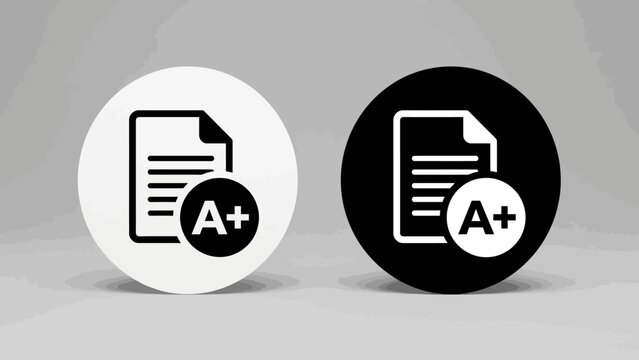 Academic Excellence Icons: Dual Circular Designs Featuring Document and A+ Badge in Black-and-White Contrast for Educational UI and Achievement-Themed Visual Storytelling