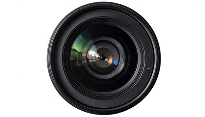 A direct, close-up view of a camera lens with reflective glass on a white background