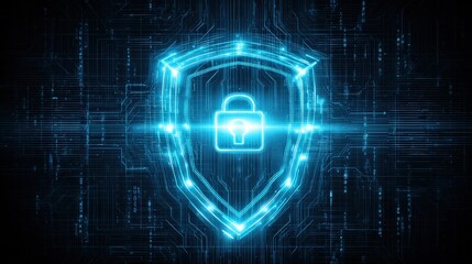 A digital shield with a padlock symbol, representing cybersecurity and data protection, illuminated in blue tones against a tech-inspired background.