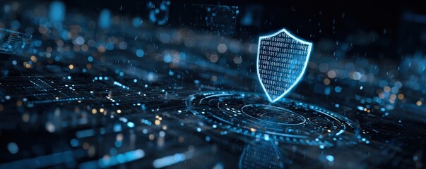 A digital shield icon amidst a network of binary codes and glowing elements, symbolizing cybersecurity and data protection.