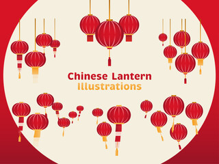 Chinese New Year Hanging Red Lanterns for Decor Set in Vector Art