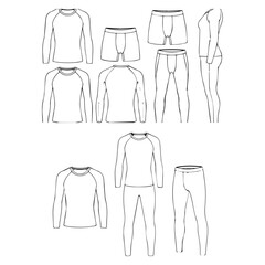 Men and women thermal underwear technical sketch, cad drawing, flat vector illustration, front back side view, fashion garment design