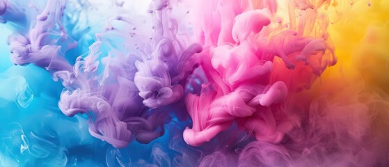 Fototapeta premium Abstract image of colorful ink clouds swirling underwater with vibrant orange, pink, and blue tones creating dreamy textures.