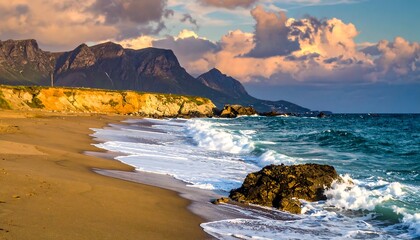 Seaside scene of rocky shoreline with waves washing over sandy beach, mountains in background under sky with clouds
