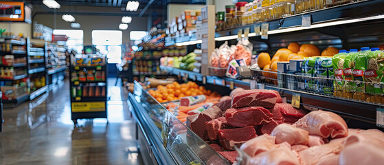Close-up of raw beef and pork cuts in a supermarket meat section, surrounded by fresh vegetables like tomatoes and peppers.