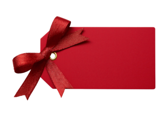Red gift tag with satin ribbon and metal grommet isolated on a transparent background image
