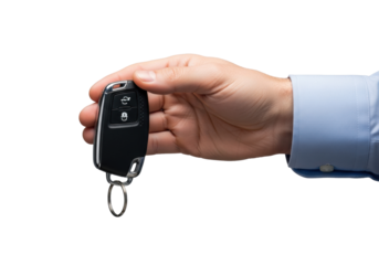 Well-defined caucasian male hand in light blue dress shirt cuff holding a black automotive key fob; minimalist, high-key macro studio shot. concept of professional technology quality
