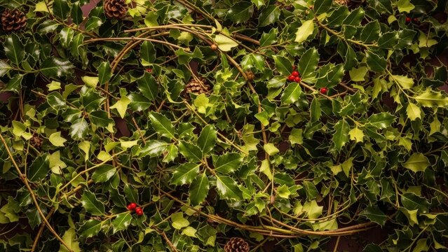 Lush Christmas holly foliage, adorned with vibrant red berries and natural pinecones, creates a traditional festive winter background for holiday celebrations - Powered by Adobe
