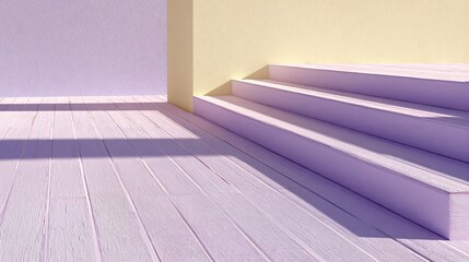 Pastel steps and wooden floor create a minimalist architectural scene