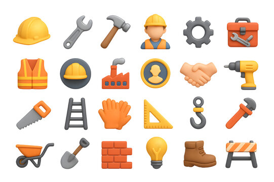 Construction tools icon set with hammer, screwdriver, shovel, helmet, and equipment symbols
