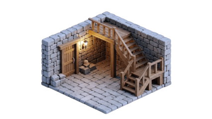 Isometric Dungeon Room with Stairs and Door