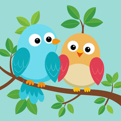 Obraz premium Two cute cartoon birds sitting on a branch with green leaves