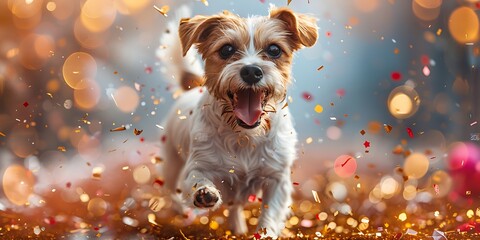 Panoramic Happy Dog Running Through Confetti Celebratory Joyful Moment