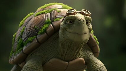 Fantasy creature with goggles and foliage covering its face in a forest