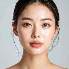 Close-up portrait of a beautiful young Asian woman with natural makeup and glowing skin, looking directly at the camera with a serene expression.