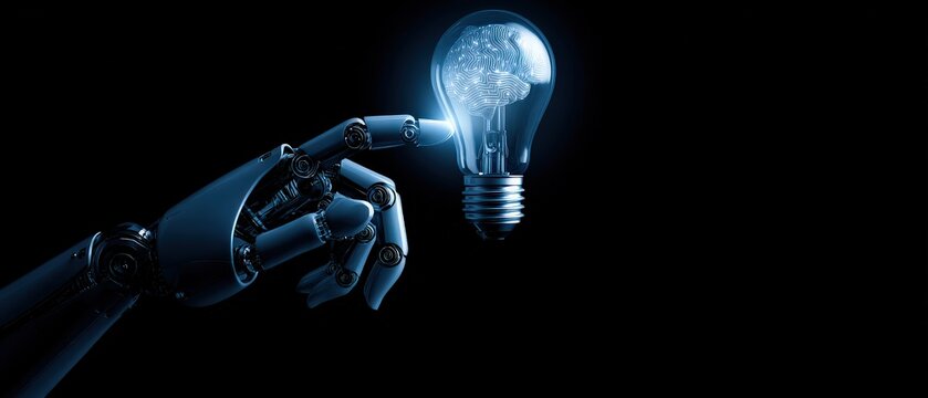 A robotic hand reaches for a glowing light bulb, symbolizing innovation and the fusion of technology with creativity. - Powered by Adobe