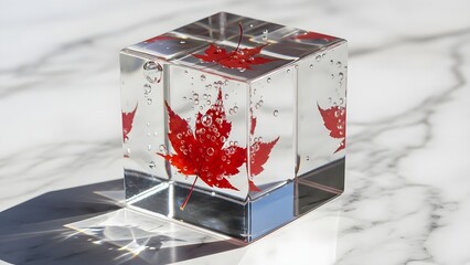 Abstract acrylic cube with vibrant red and blue colors on marble surface