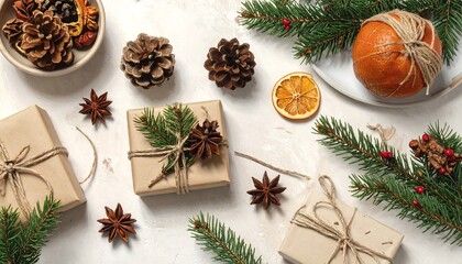 Festive flat lay with gifts, pinecones, and citrus on a textured background, suggesting a cozy, natural holiday season
