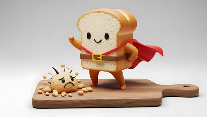 Adorable toast superhero character standing on a wooden cutting board