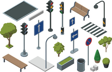 Isometric street elements illustration set, traffic lights, road signs, benches, trees, lamp posts, crosswalk, urban city objects collection for design © Miss