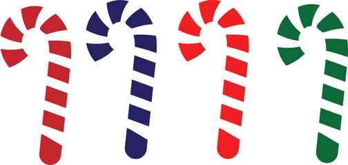 Four colorful candy canes in a row on white background