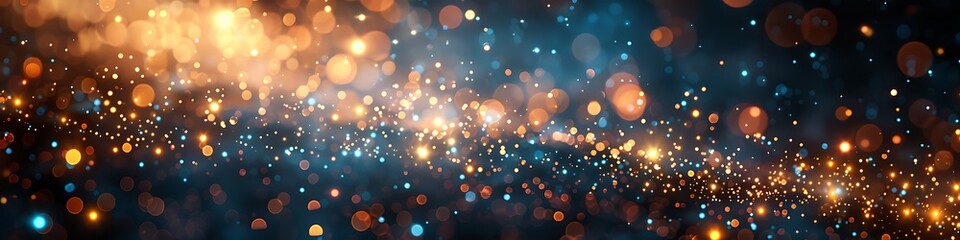 Panoramic View of Golden and Blue Bokeh Lights Abstract Background
