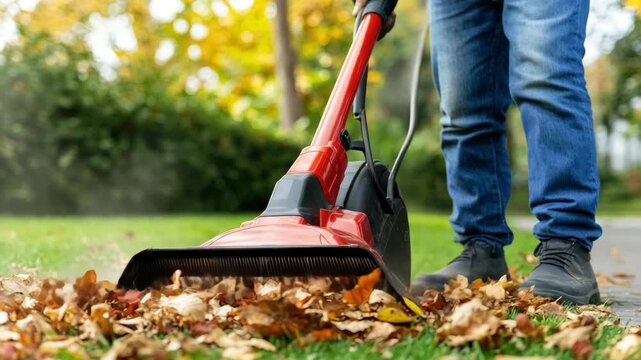 A person uses a leaf blower to clear fallen leaves in a backyard as autumn leaves cover the ground and trees show bright colors