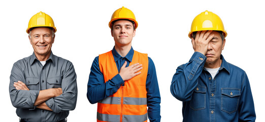 Three diverse male construction workers in hard hats showing different emotions: happy senior, proud young man, and distressed older worker on transparent background