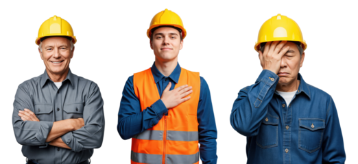 Three diverse male construction workers in hard hats showing different emotions: happy senior, proud young man, and distressed older worker on transparent background