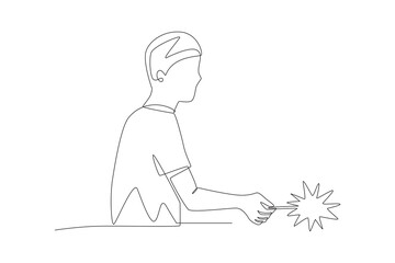 Man playing with fireworks. Fireworks & firecrackers concept one-line drawing