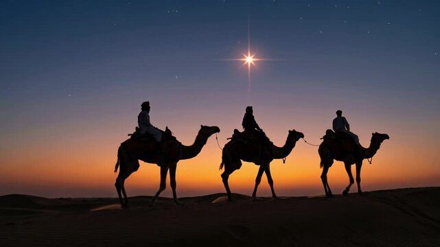 Silhouettes of the three magi riding camels through the desert at dusk, following the bright christmas star in the clear night sky, representing the biblical story of the nativity - Powered by Adobe