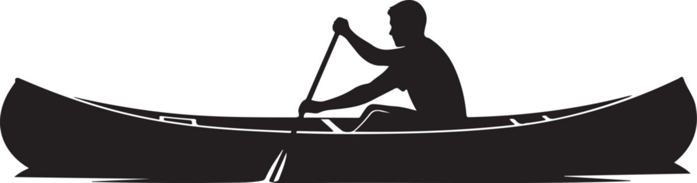 Silhouette of a man paddling a canoe on white background Keywords: canoe, paddling, silhouette