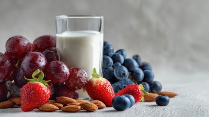 Vibrant still life with milk, grapes, berries and almonds for a healthy snack