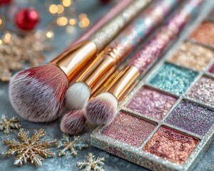 Beautiful makeup brushes and glittery eyeshadow palette on display.