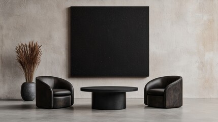 A minimalist living room with a black wall, two black leather armchairs, and a black coffee table.