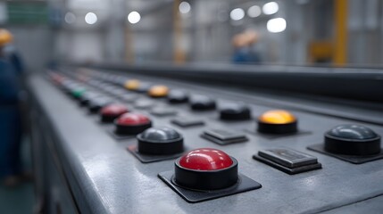 Close up view of an industrial control panel with rows of red yellow and black buttons and switches