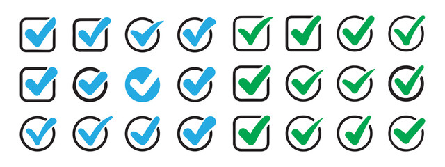 Blue and green check mark icons set. Vector tick symbols.