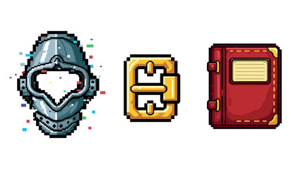 Pixel art: medieval helmet, golden buckle, and red notebook on white background