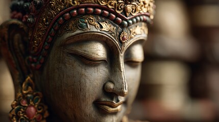 Obraz premium Meditative Serenity: A Close-Up of a Buddha Sculpture with Elaborate Ornamentation