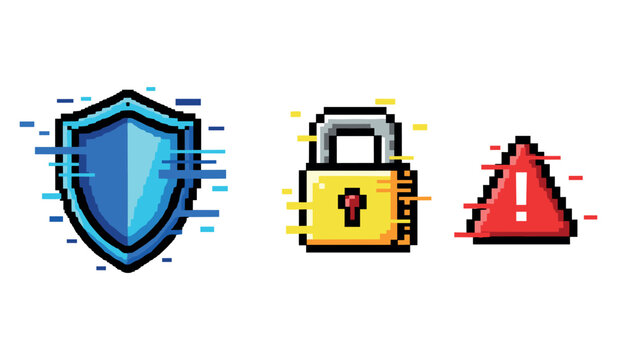 Pixel art symbols: shield, padlock, warning sign for security and cyber safety