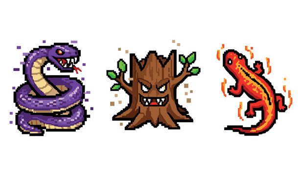 Pixel art creatures: snake, tree monster, salamander