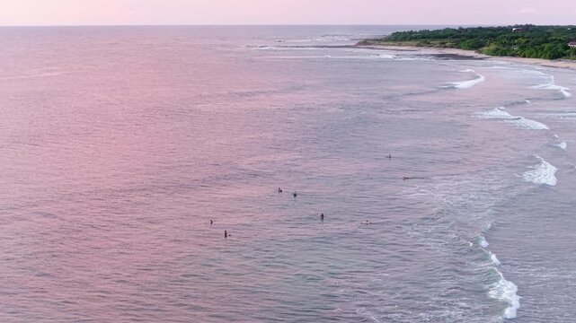 Aerial view of surfers waiting for waves in the calm ocean. People enjoying the beautiful pink sunset on the coast of avellanas beach, costa rica