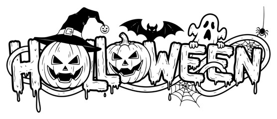 Halloween Lettering Design with Spooky Pumpkins Ghost and Bat Vector Illustration for Coloring Book