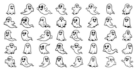 Big Set of Cute Cartoon Ghosts Halloween Vector Illustration Collection of Funny Spooky Characters for Coloring Page