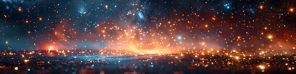 Panoramic View of a Cityscape at Night with Glowing Lights and Bokeh Effects