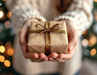 Hands holding a beautifully wrapped Christmas gift with a golden ribbon, festive bokeh lights in the background.
